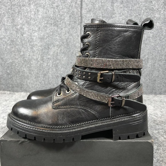 Steve Madden Womens Black Leather Combat Boots Rhinestone Harness Lug Sole Zip - Picture 5 of 16